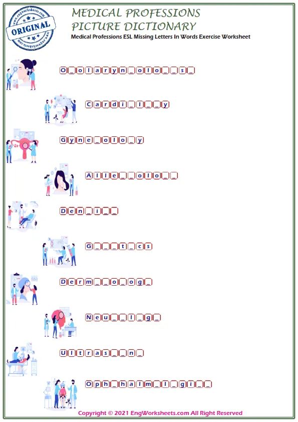 Medical Professions ESL Missing Letters In Words Exercise Worksheet Worksheet Preview
