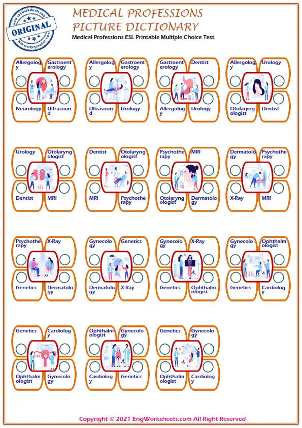 Medical Professions ESL Printable Multiple Choice Test. Worksheet Preview