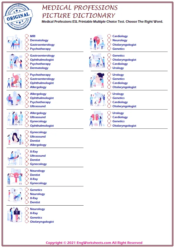 Medical Professions ESL Printable Multiple Choice Test. Choose The Right Word. Worksheet Preview
