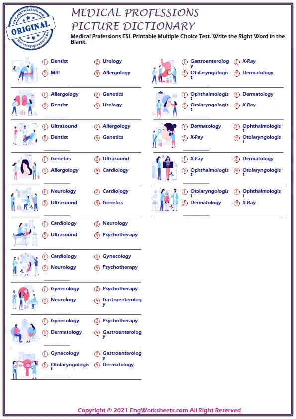 Medical Professions ESL Printable Multiple Choice Test. Write the Right Word in the Blank. Worksheet Preview