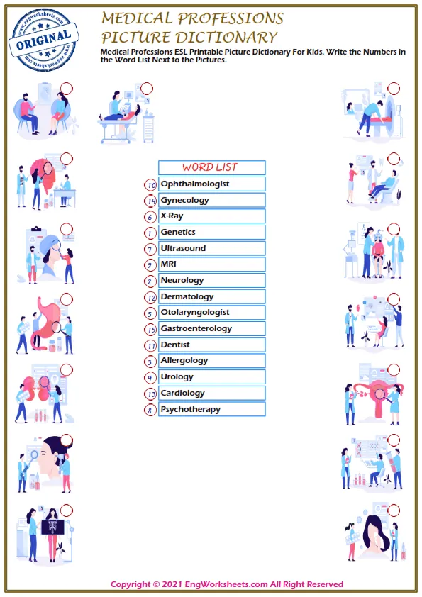 Medical Professions ESL Printable Picture Dictionary For Kids. Write the Numbers in the Word List Next to the Pictures. Worksheet Preview
