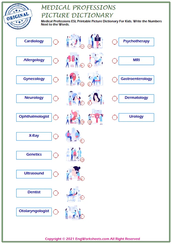 Medical Professions ESL Printable Picture Dictionary For Kids. Write the Numbers Next to the Words. Worksheet Preview