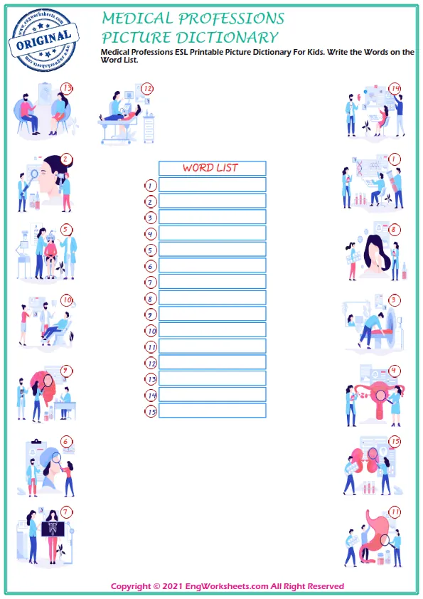 Medical Professions ESL Printable Picture Dictionary For Kids. Write the Words on the Word List. Worksheet Preview