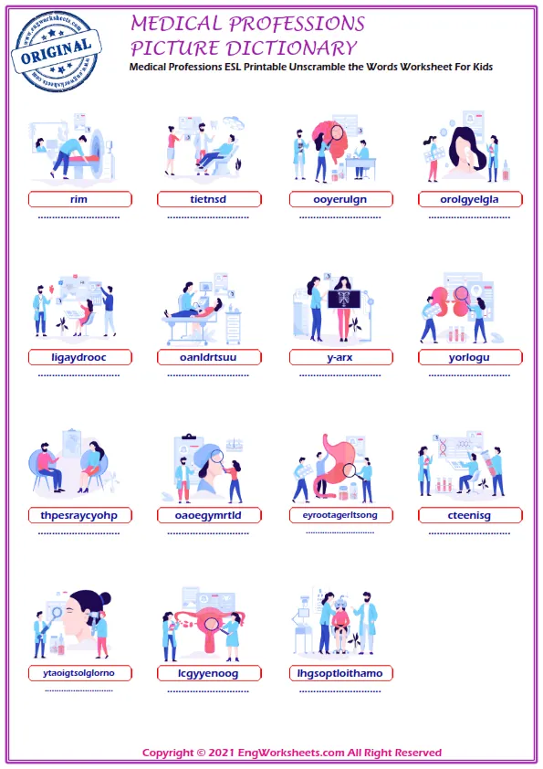 Medical Professions ESL Printable Unscramble the Words Worksheet For Kids Worksheet Preview