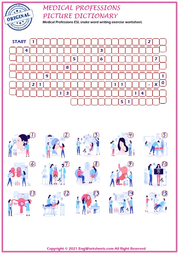 Medical Professions ESL snake word writing exercise worksheet. Worksheet Preview