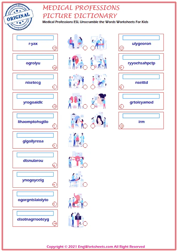 Medical Professions ESL Unscramble the Words Worksheets For Kids Worksheet Preview