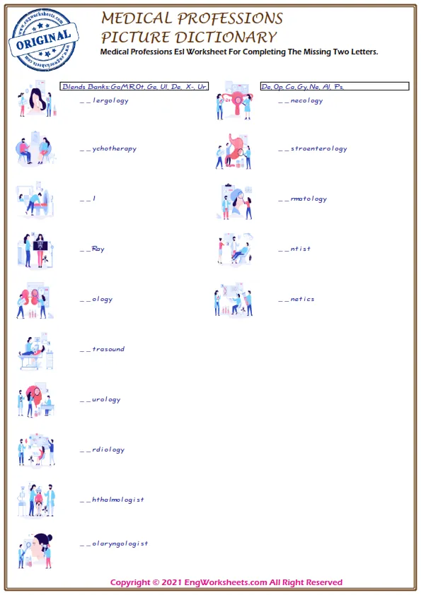 Medical Professions Esl Worksheet For Completing The Missing Two Letters. Worksheet Preview