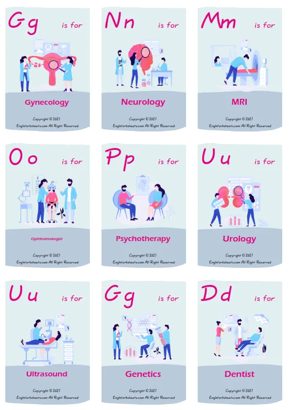 Medical Professions vocabulary worksheet with words, nine images per page Worksheet Preview