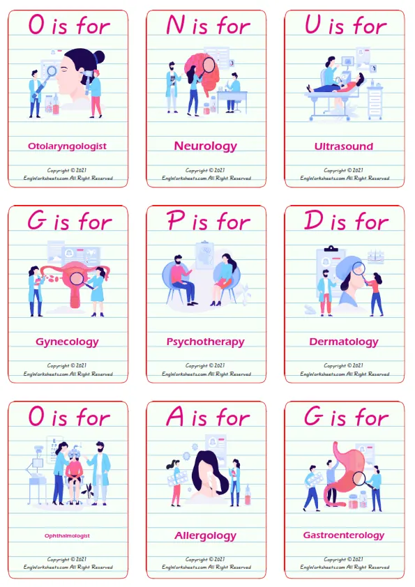 Medical Professions vocabulary worksheet with words, nine images per page Worksheet Preview