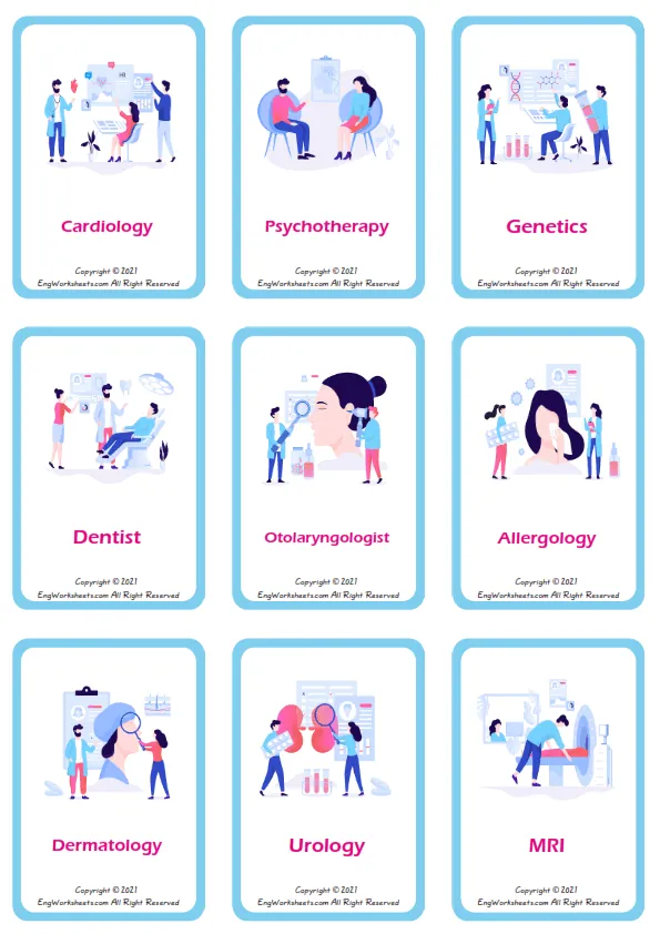 Medical Professions vocabulary worksheet with words, nine images per page Worksheet Preview