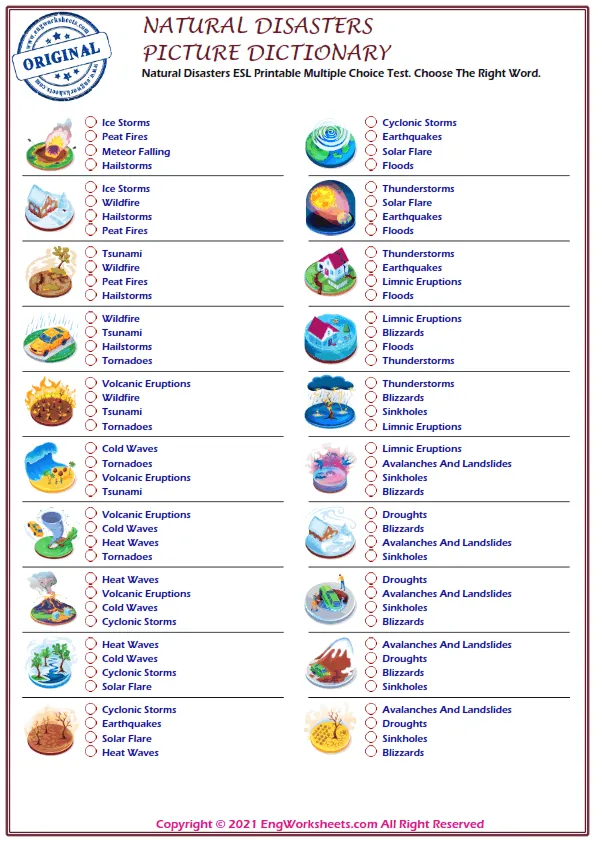 Natural Disasters ESL Printable Multiple Choice Test. Choose The Right Word.