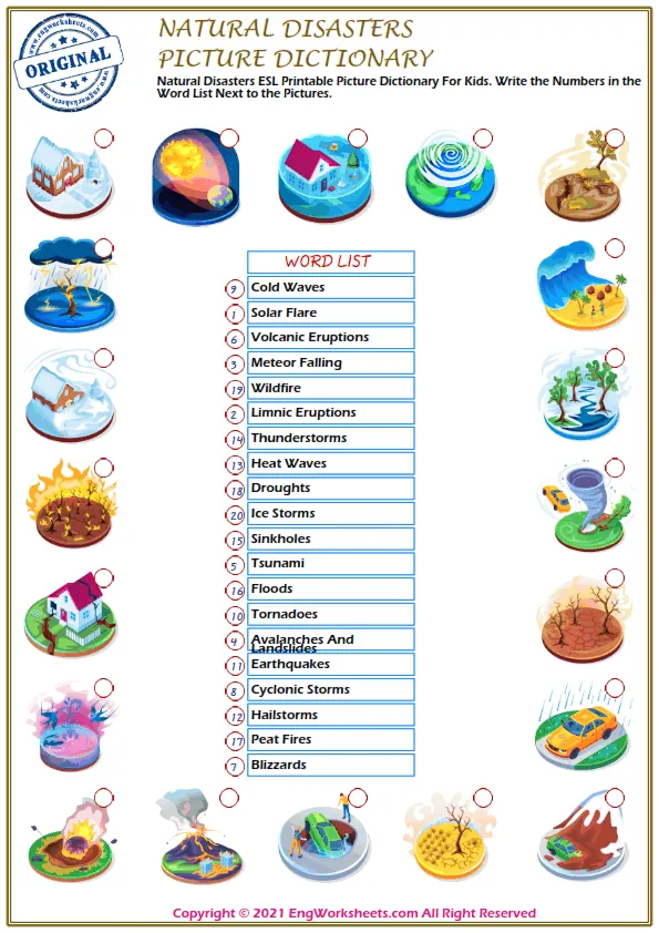 Natural Disasters ESL Printable Picture Dictionary For Kids. Write the Numbers in the Word List Next to the Pictures.