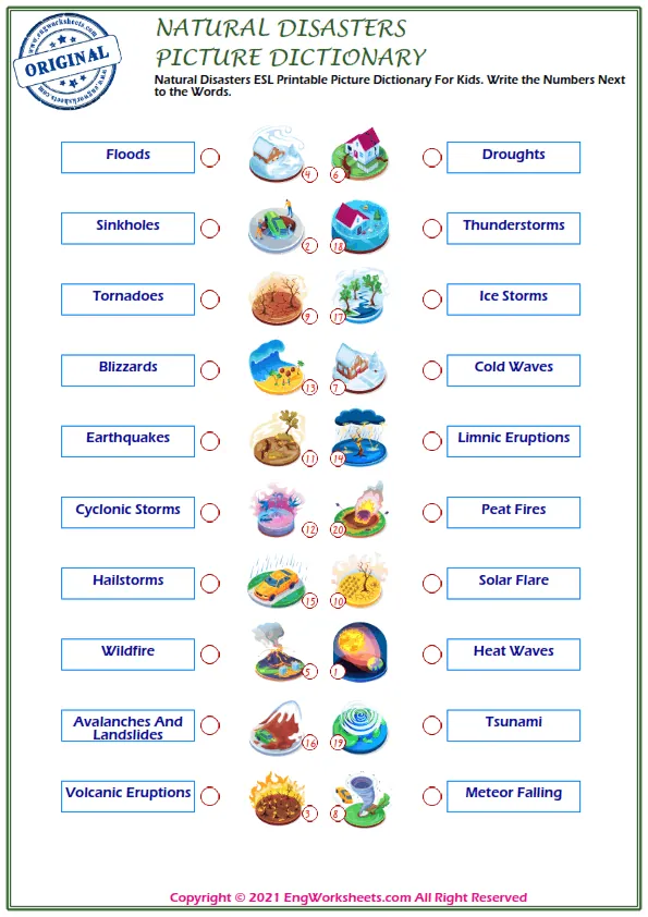 Natural Disasters ESL Printable Picture Dictionary For Kids. Write the Numbers Next to the Words.