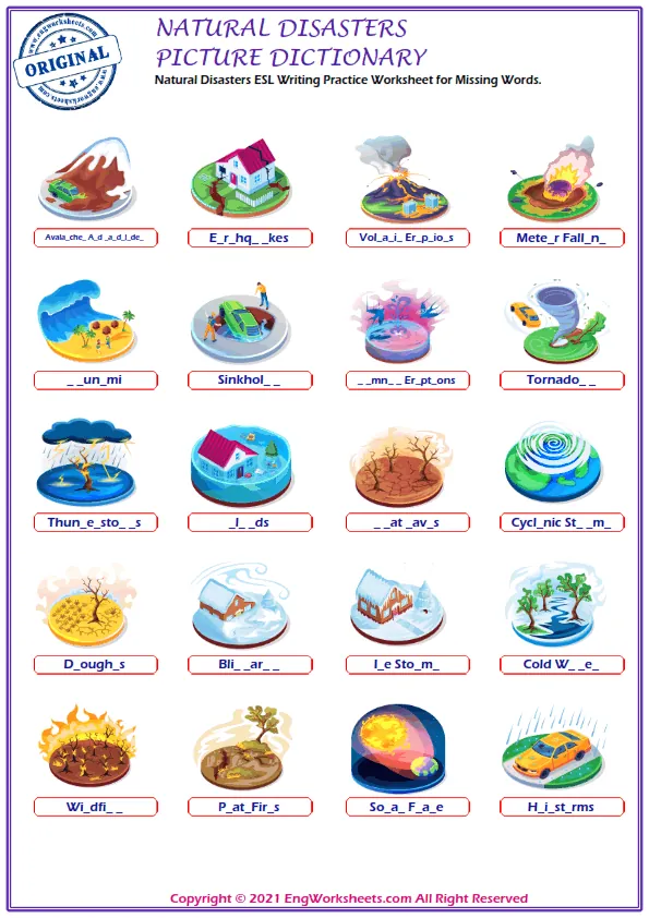 Natural Disasters ESL Writing Practice Worksheet for Missing Words.