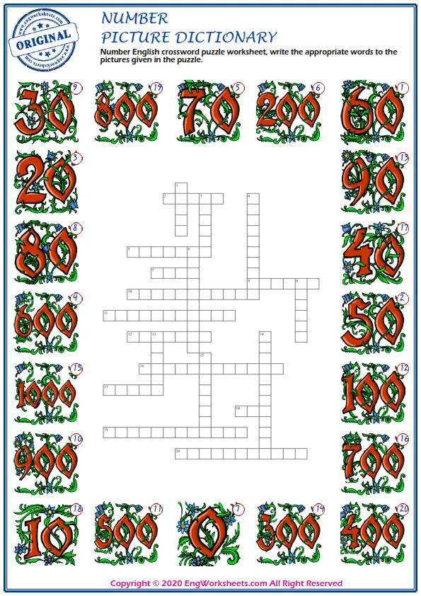 Number English crossword puzzle worksheet, write the appropriate words to the pictures given in the puzzle. Worksheet Preview