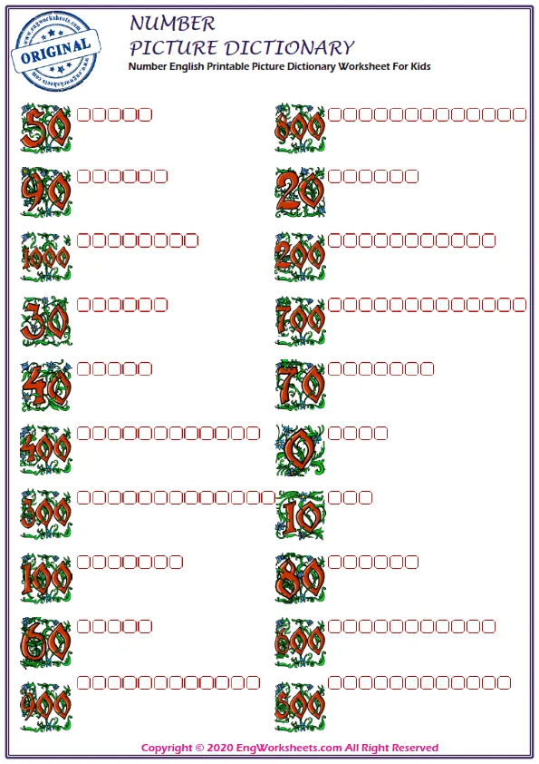 Number English Printable Picture Dictionary Worksheet For Kids Worksheet Preview