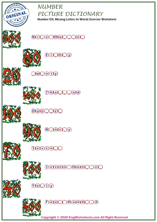 Number ESL Missing Letters In Words Exercise Worksheet Worksheet Preview