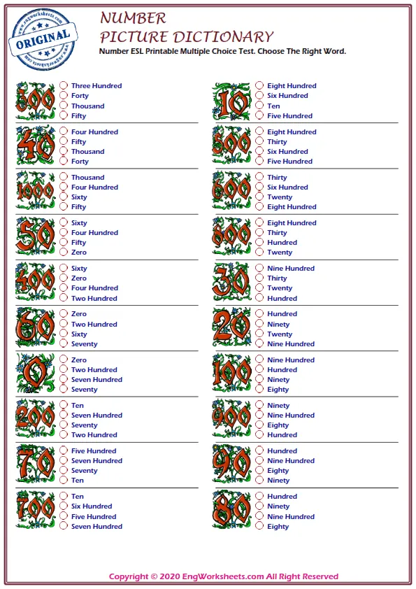 Number ESL Printable Multiple Choice Test. Choose The Right Word. Worksheet Preview