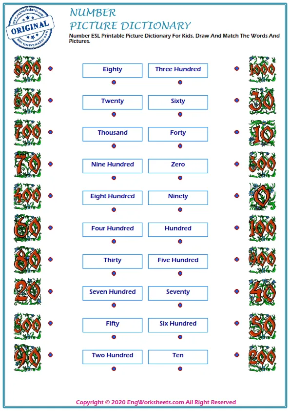 Number ESL Printable Picture Dictionary For Kids. Draw And Match The Words And Pictures. Worksheet Preview