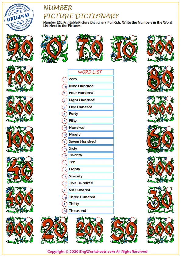Number ESL Printable Picture Dictionary For Kids. Write the Numbers in the Word List Next to the Pictures. Worksheet Preview
