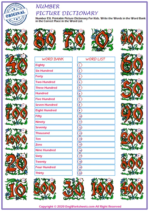 Number ESL Printable Picture Dictionary For Kids. Write the Words in the Word Bank in the Correct Place in the Word List. Worksheet Preview