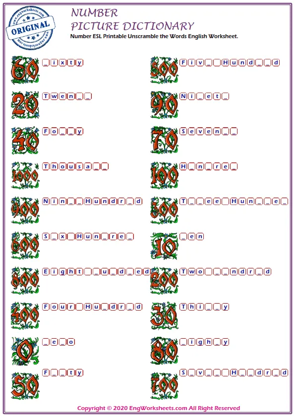 Number ESL Printable Unscramble the Words English Worksheet. Worksheet Preview