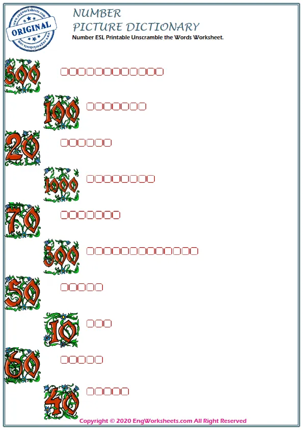 Number ESL Printable Unscramble the Words Worksheet. Worksheet Preview