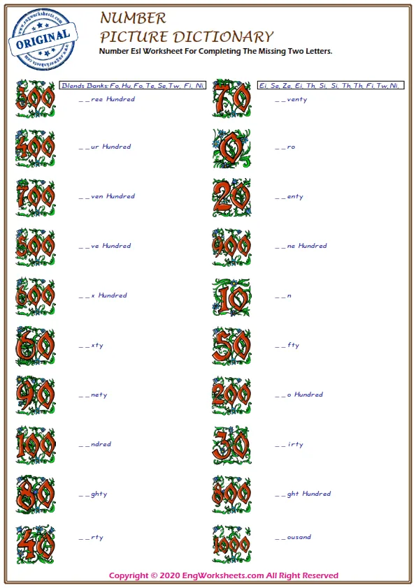 Number Esl Worksheet For Completing The Missing Two Letters. Worksheet Preview