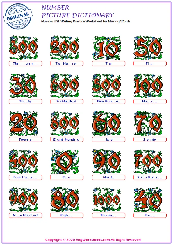 Number ESL Writing Practice Worksheet for Missing Words. Worksheet Preview