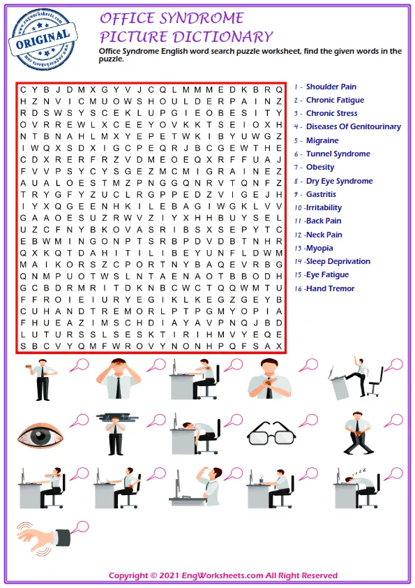 Office Syndrome English word search puzzle worksheet, find the given words in the puzzle. Worksheet Preview