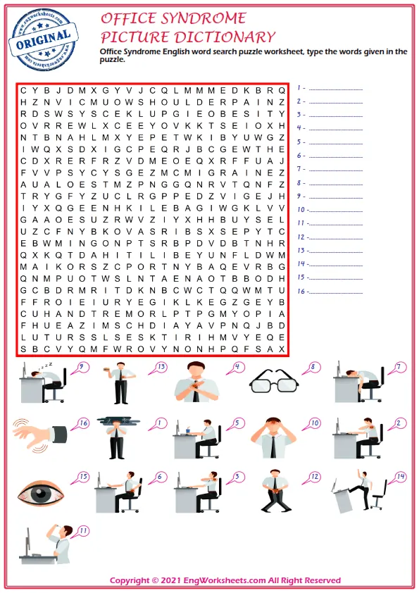 Office Syndrome English word search puzzle worksheet, type the words given in the puzzle. Worksheet Preview