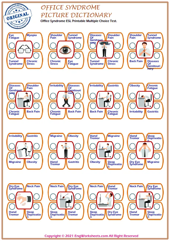 Office Syndrome ESL Printable Multiple Choice Test. Worksheet Preview
