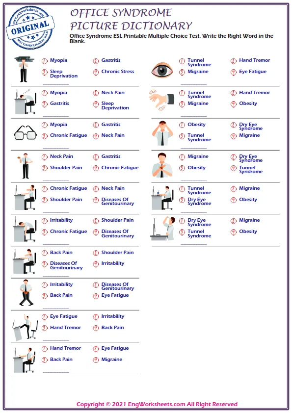 Office Syndrome ESL Printable Multiple Choice Test. Write the Right Word in the Blank. Worksheet Preview