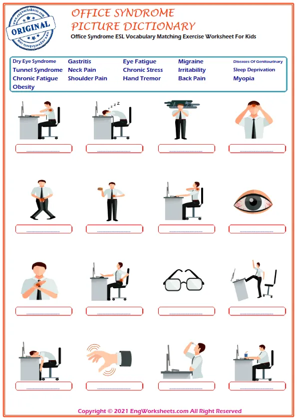 Office Syndrome ESL Vocabulary Matching Exercise Worksheet For Kids Worksheet Preview