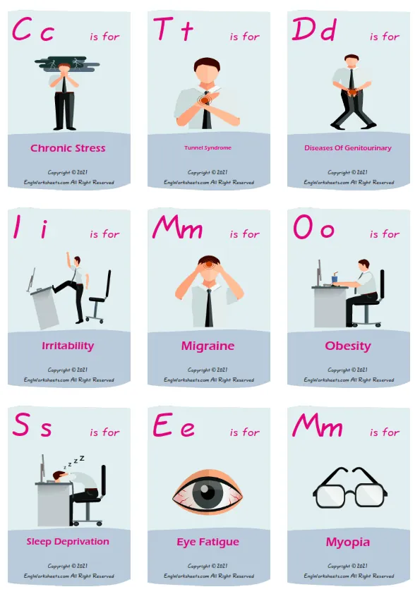 Office Syndrome vocabulary worksheet with words, nine images per page Worksheet Preview