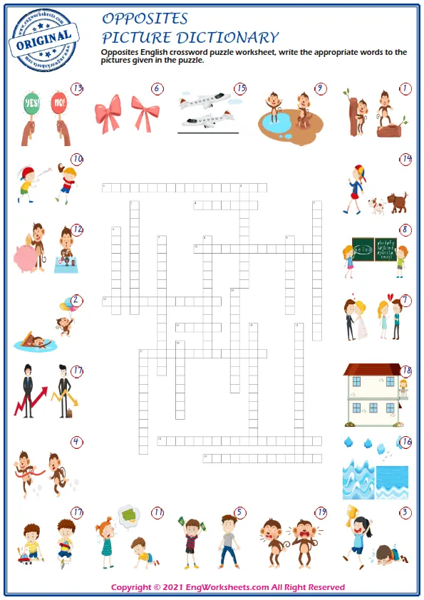 Opposites English crossword puzzle worksheet, write the appropriate words to the pictures given in the puzzle. Worksheet Preview