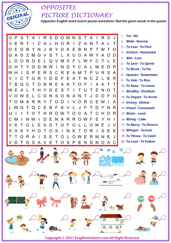 Opposites English word search puzzle worksheet, find the given words in the puzzle. Worksheet Preview