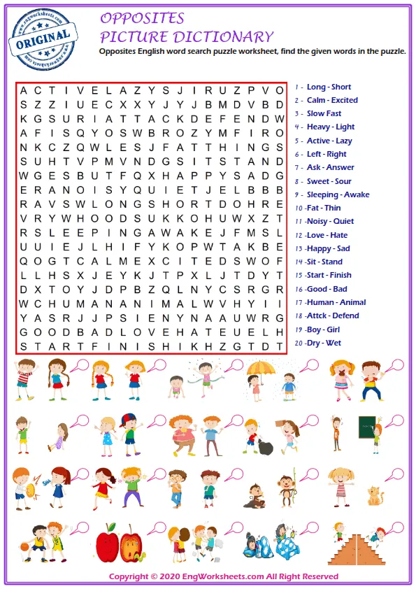Opposites English word search puzzle worksheet, find the given words in the puzzle. Worksheet Preview