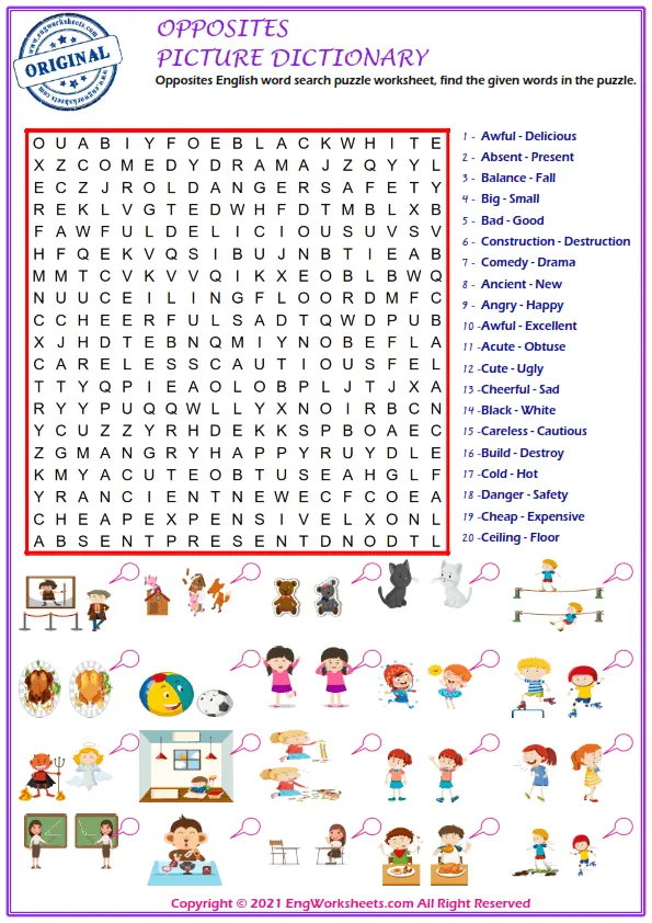 Opposites English word search puzzle worksheet, find the given words in the puzzle. Worksheet Preview