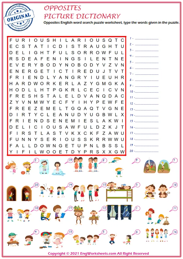 Opposites English word search puzzle worksheet, type the words given in the puzzle. Worksheet Preview