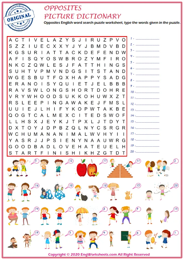 Opposites English word search puzzle worksheet, type the words given in the puzzle. Worksheet Preview