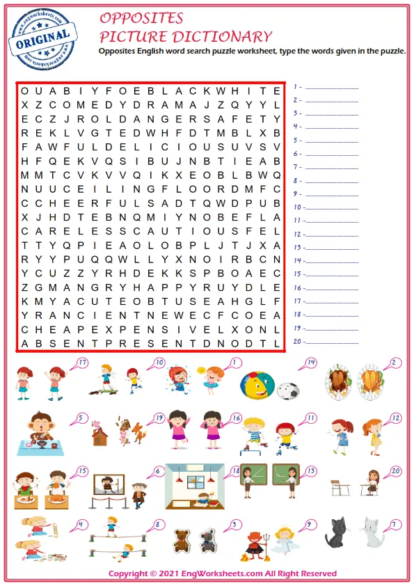 Opposites English word search puzzle worksheet, type the words given in the puzzle. Worksheet Preview