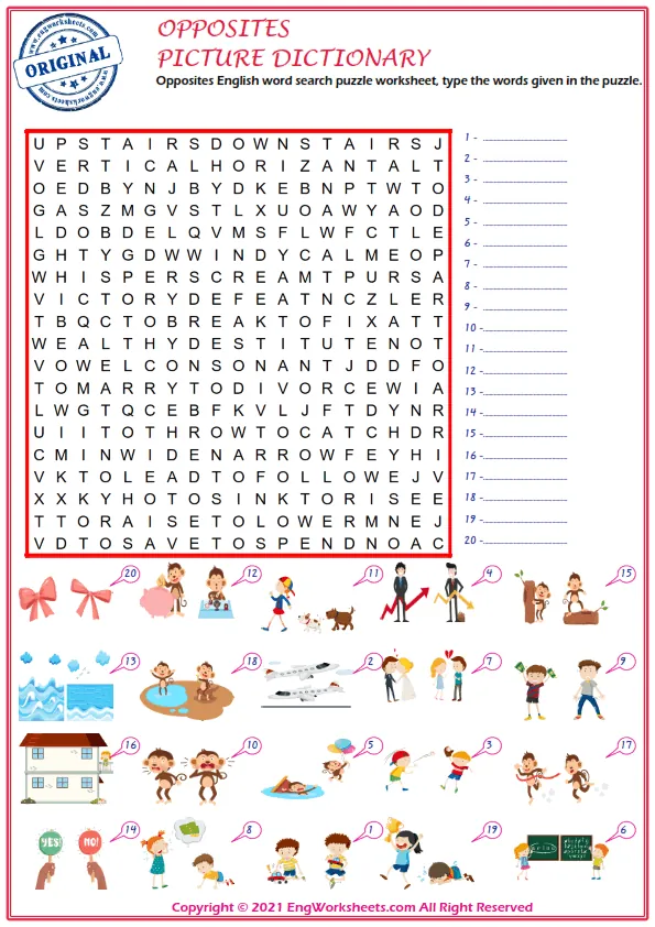 Opposites English word search puzzle worksheet, type the words given in the puzzle. Worksheet Preview