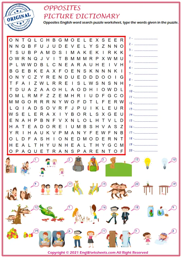 Opposites English word search puzzle worksheet, type the words given in the puzzle. Worksheet Preview