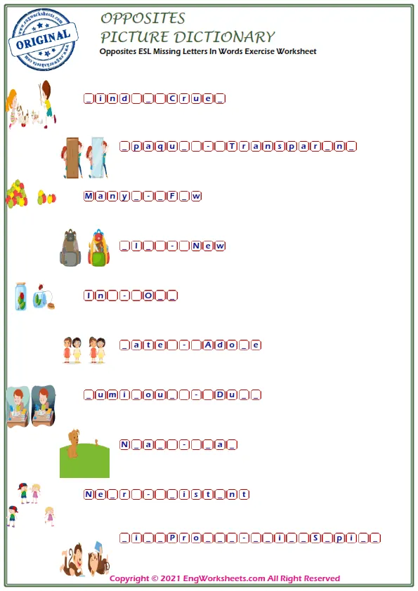 Opposites ESL Missing Letters In Words Exercise Worksheet Worksheet Preview