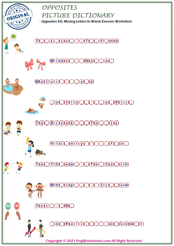 Opposites ESL Missing Letters In Words Exercise Worksheet Worksheet Preview