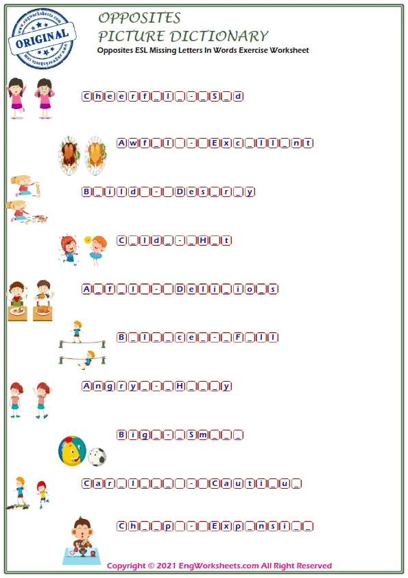 Opposites ESL Missing Letters In Words Exercise Worksheet Worksheet Preview