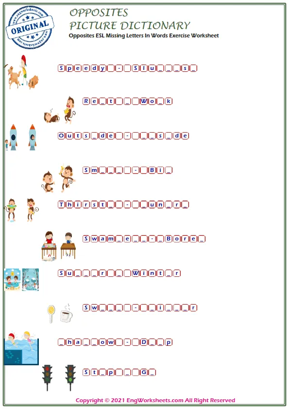 Opposites ESL Missing Letters In Words Exercise Worksheet Worksheet Preview