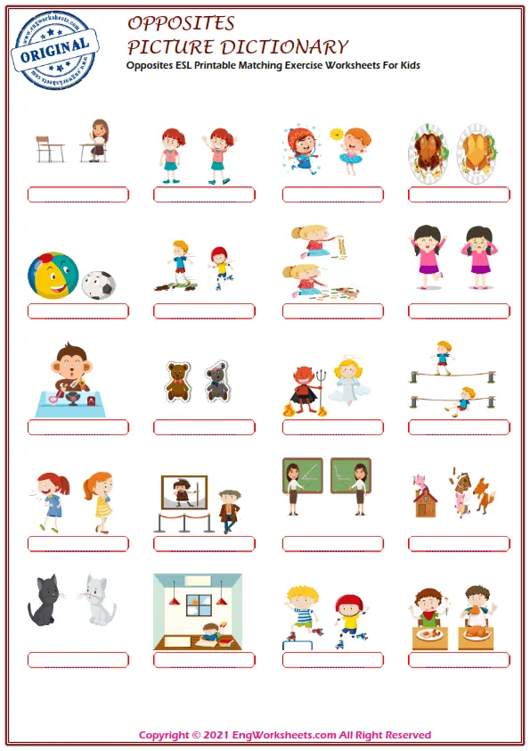 Opposites ESL Printable Matching Exercise Worksheets For Kids Worksheet Preview