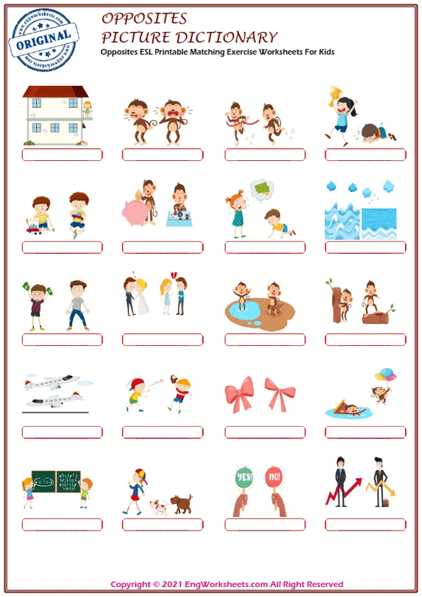 Opposites ESL Printable Matching Exercise Worksheets For Kids Worksheet Preview